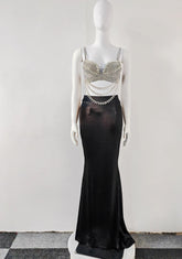 2025 New Summer Women Sexy Shinning Crystal Tops 2 Pieces Bodycon Long Dress Elegant Evening Birthday Party Cocktail Outfit